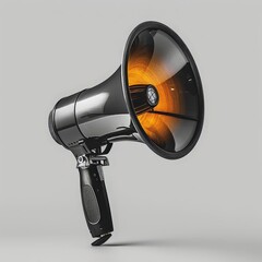 Modern black megaphone with sleek design and orange interior on a clean background, perfect for amplification or announcement themes.