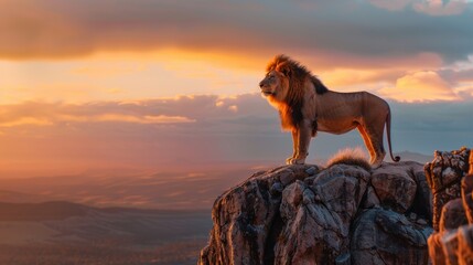 Wall Mural - A majestic lion standing on a cliff at sunrise