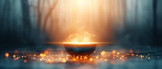 Ethereal glowing bowl with mystical light in a foggy forest, creating a magical and enchanting atmosphere.