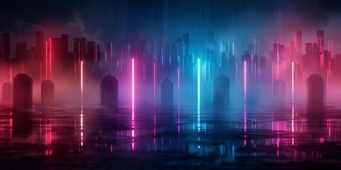 Wall Mural - Futuristic cityscape with neon lights reflecting on the water, creating a mesmerizing and vibrant abstract night scene.