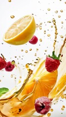 Wall Mural - Fruits flying, served, splashes, water on a white background. Oranges, strawberries, kiwi