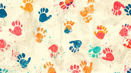 Colorful handprints creating artistic pattern on white background