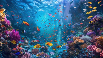 Wall Mural - A vibrant underwater scene with colorful fish and coral reefs