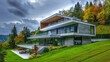 © Irina Ukrainets - Modern architectural house with large glass windows and beautiful landscaping. Scenic view on a cloudy day. Perfect for home design inspiration. AI