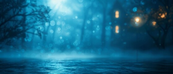 Wall Mural - Mysterious foggy forest at night with glowing lights in the distance, creating an eerie and enchanted atmosphere.