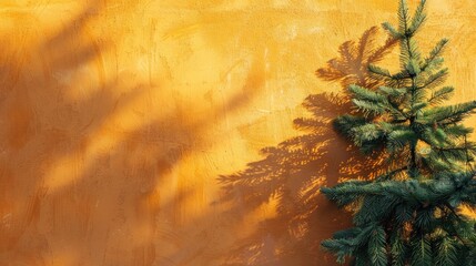 Poster - Abstract fir tree casts shadows on orange concrete wall Trendy nature concept backdrop with space for text