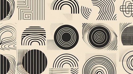 Hand drawn abstract minimal element mid century vector set. Aesthetic contemporary stripe line art, geometric shape in monochrome, black and white