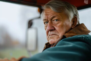 portrait of a senior man on tractor