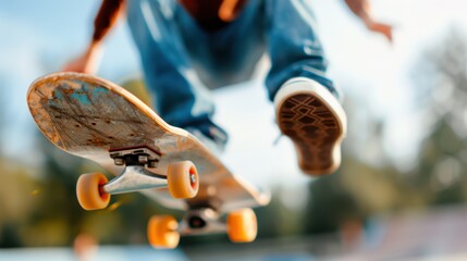 An energetic close-up image of a skateboarder performing a daring trick in mid-air, capturing the dynamic movement and vibrant spirit of skateboarding culture in the park.