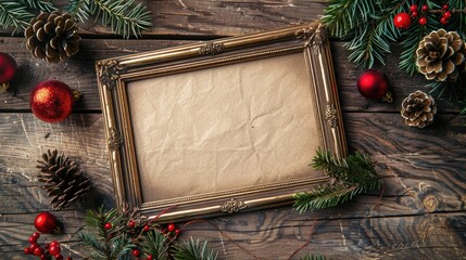 festive card or picture frame on wooden surface