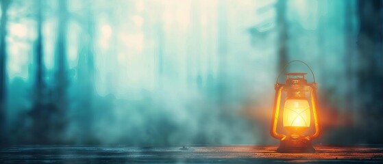 Wall Mural - Vintage lantern glowing in a misty forest, creating an eerie and mysterious atmosphere with soft, diffused light among tall trees.