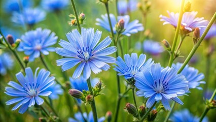 Poster - Delicate blue chicory flowers bloom vibrantly amidst lush green foliage, swaying gently in the breeze against a serene natural outdoor background.