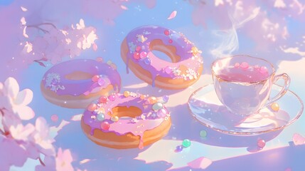 Poster - Pastel Donuts and Tea with Cherry Blossoms.