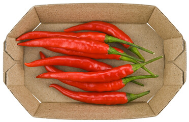 Wall Mural - Set ripe red hot chili peppers Thai, burning in a cardboard box isolated on a transparent background. Top view.