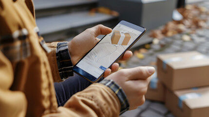 Tracking a package delivery on a mobile device, person's hand holding smartphone, screen showing details.