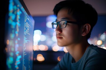 Computer coding, programming and asian man in cybersecurity, software development and html script. Night person from china with information technology career, database code and monitor network safety 