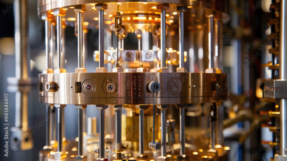 A close-up shot of the inner workings of an atomic clock, showing the ...