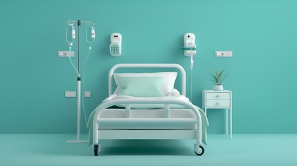 Hospital Room Bed with IV Drip and Plant.