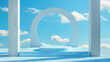 © Nasim - 3D blue rendering with podium and minimal cloudy scene ,Minimal product display background 3d render of geometric shape sky blue pastel cloud with flying blue balloons