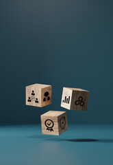 Wall Mural - woods block step on table with icon action plan, goal and target, success and business target concep