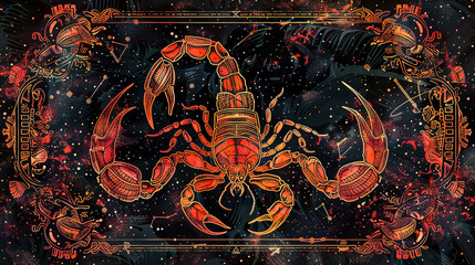 Wall Mural - illustration of scorpio in red color on blue background and lying in sky. Background for horoscope, astrology.