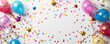 © AI_images - A bright and cheerful birthday card background featuring balloons, stars, and confetti, with a clear copy space in the middle.