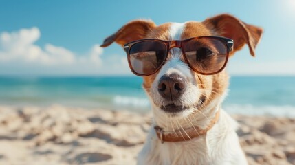 A cool and stylish dog wearing sunglasses relaxes on the sandy beach on a sunny day, capturing the essence of a carefree summer vacation and the joy of outdoor leisure activities.