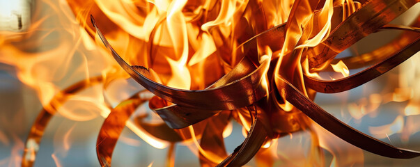 Wall Mural - A fire background featuring flames dancing around a metal sculpture, creating a dynamic and artistic visual.