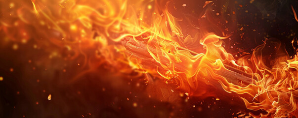 Wall Mural - A fire background with a burning piece of wood, flames consuming it and creating a dramatic visual effect.