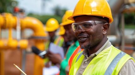 Industrial scene of construction workers wearing safety gear, inspecting large yellow pipelines in an open setting, highlighting teamwork and engineering in a professional environment.