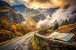 © Man888 - Misty autumn mountains surround a deserted winding road, with a worn map lying open on a rustic stone wall, evoking a sense of solo adventure.