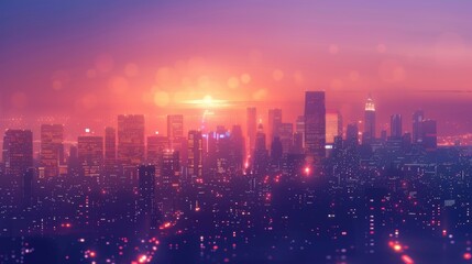 Poster - A city skyline at dusk with glowing lights and silhouetted buildings against the twilight sky.
