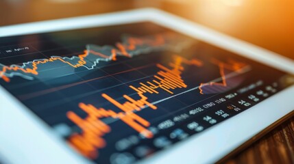 Fototapete - A close-up of a fluctuating stock market graph on a digital tablet screen, showing rising and falling trends.