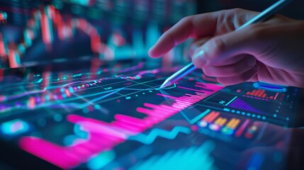 Aufkleber - A close-up of a hand using a stylus to point at financial data on a digital tablet screen with graphs and charts.
