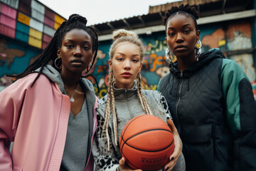 Group of friends on basketball court, posing in sport outfit. Sport fashion style, fitness, commercial