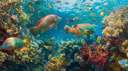 Wall Mural - A coral reef scene with colorful parrotfish grazing on algae, surrounded by other reef inhabitants.