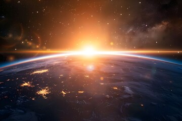 Earth view with sunrise in space abstract background