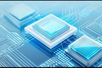 Wall Mural - close-up view of glowing microchips on a blue circuit board, signifying advanced technology.