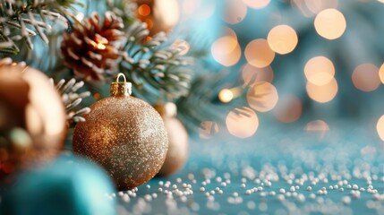 Golden glittery bauble set in a festive arrangement with pine branches, pine cones, and glowing lights, representing the magic and warmth of the holiday season.