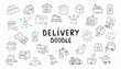 © AR_pic - delivery. the pattern. mail. box. icons. transport. sticker. to send. the package. postman. on a colored background. package. drawing. doodle. minimalism. black lines.