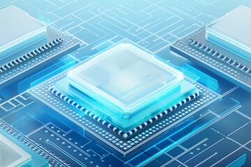 Wall Mural - close-up view of glowing microchips on a blue circuit board, signifying advanced technology.