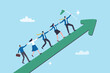 © Nuthawut - Leadership development, team success or motivation to lead team to reach goal, improvement or progress, growing together concept, businessman and woman team holding hand walk up rising growth arrow.