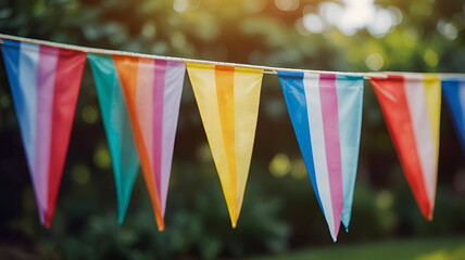 Wall Mural - blurred colorful triangular flags backgrounds for summer of decorated celebr outdoor event party, vintage tone, celebration top view, happy summer time, copy space. Ai generative