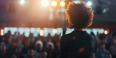 Wall Mural - A woman holds a microphone and addresses a crowd, likely speaking about a topic or presenting information