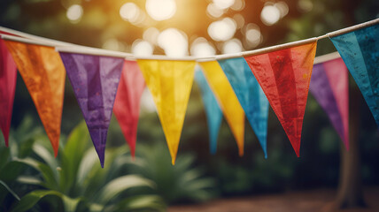 Wall Mural - blurred colorful triangular flags backgrounds for summer of decorated celebr outdoor event party, vintage tone, celebration top view, happy summer time, copy space. Ai generative