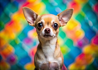 Wall Mural - Adorable small chihuahua dog with big eyes and ears sits alone on a colorful background, looking up with a curious expression, leaving space for text.