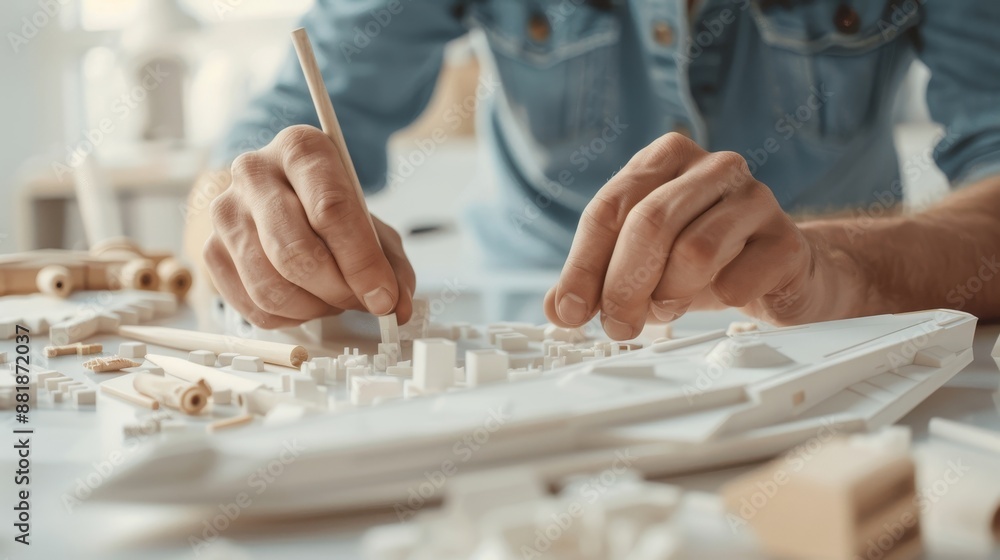 Model builder working on a starship, carefully placing pieces together ...