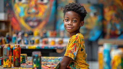 A young African boy, eyes filled with creativity and joy, learns acrylic art in a colorful art class