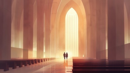 Wall Mural - Biblical Illustration of a Church Interior with High Vaulted Ceilings on a Beige Background with Copyspace