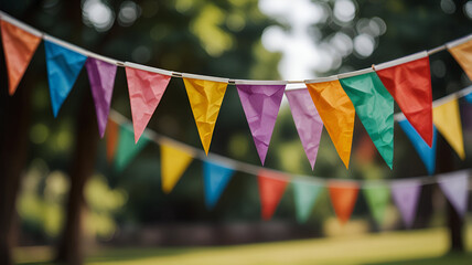 Wall Mural - blurred colorful triangular flags backgrounds for summer of decorated celebr outdoor event party, vintage tone, celebration top view, happy summer time, copy space. Ai generative